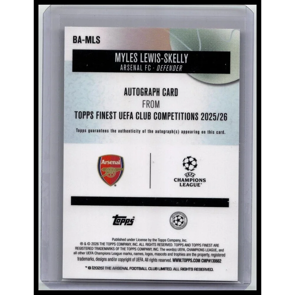 2025-26 TOPPS FINEST UEFA MYLES LEWIS-SKELLY REFRACTOR AUTO Pink /250 arsenal